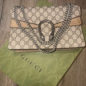 Gucci Beige and Tan Shoulder Bag with Silver Chain-